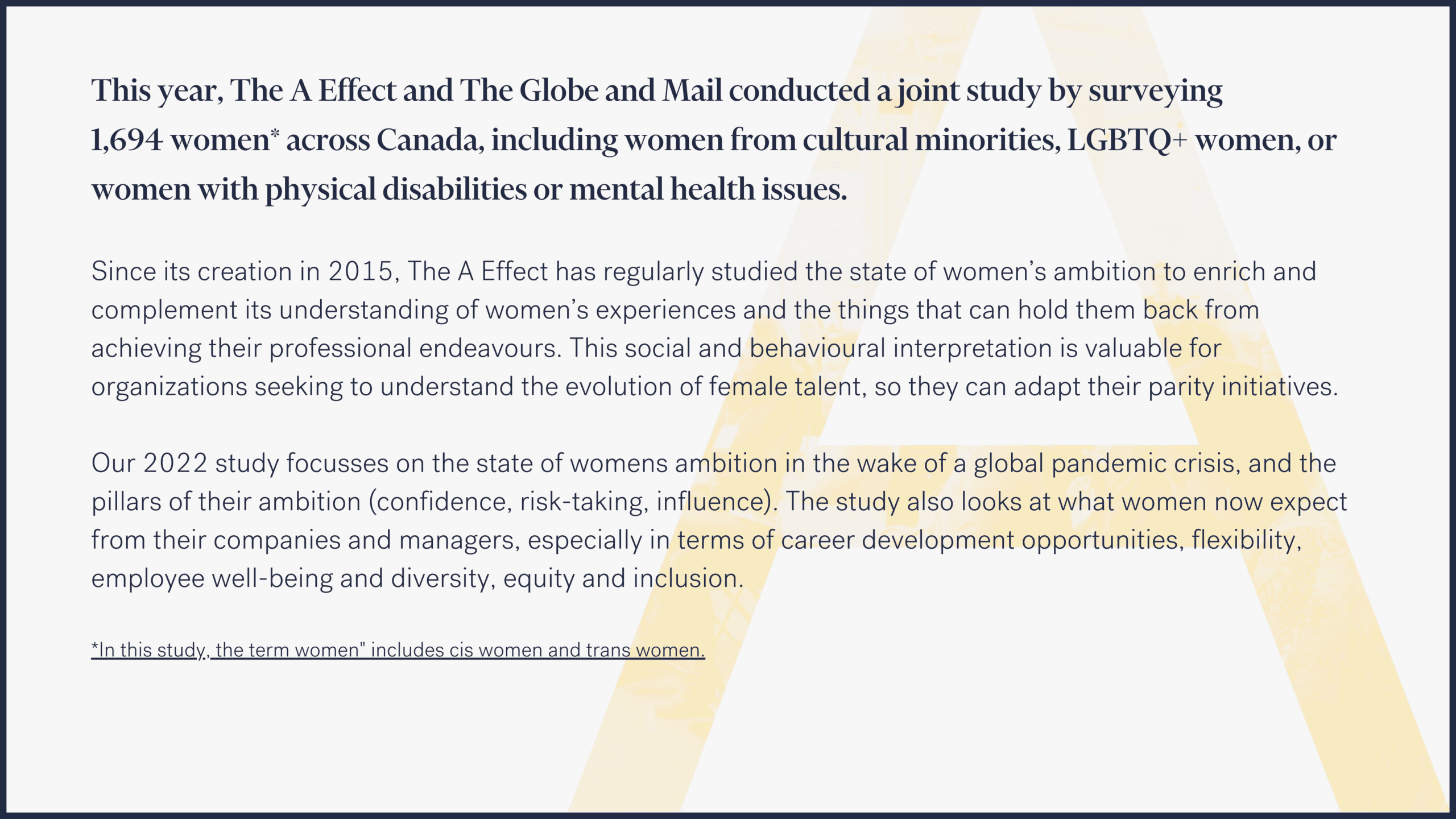 This year, The A Effect and The Globe and Mail conducted a joint study by surveying 1,694 women* across Canada, including women from cultural minorities, LGBTQ+ women, or women with physical disabilities or mental health issues.